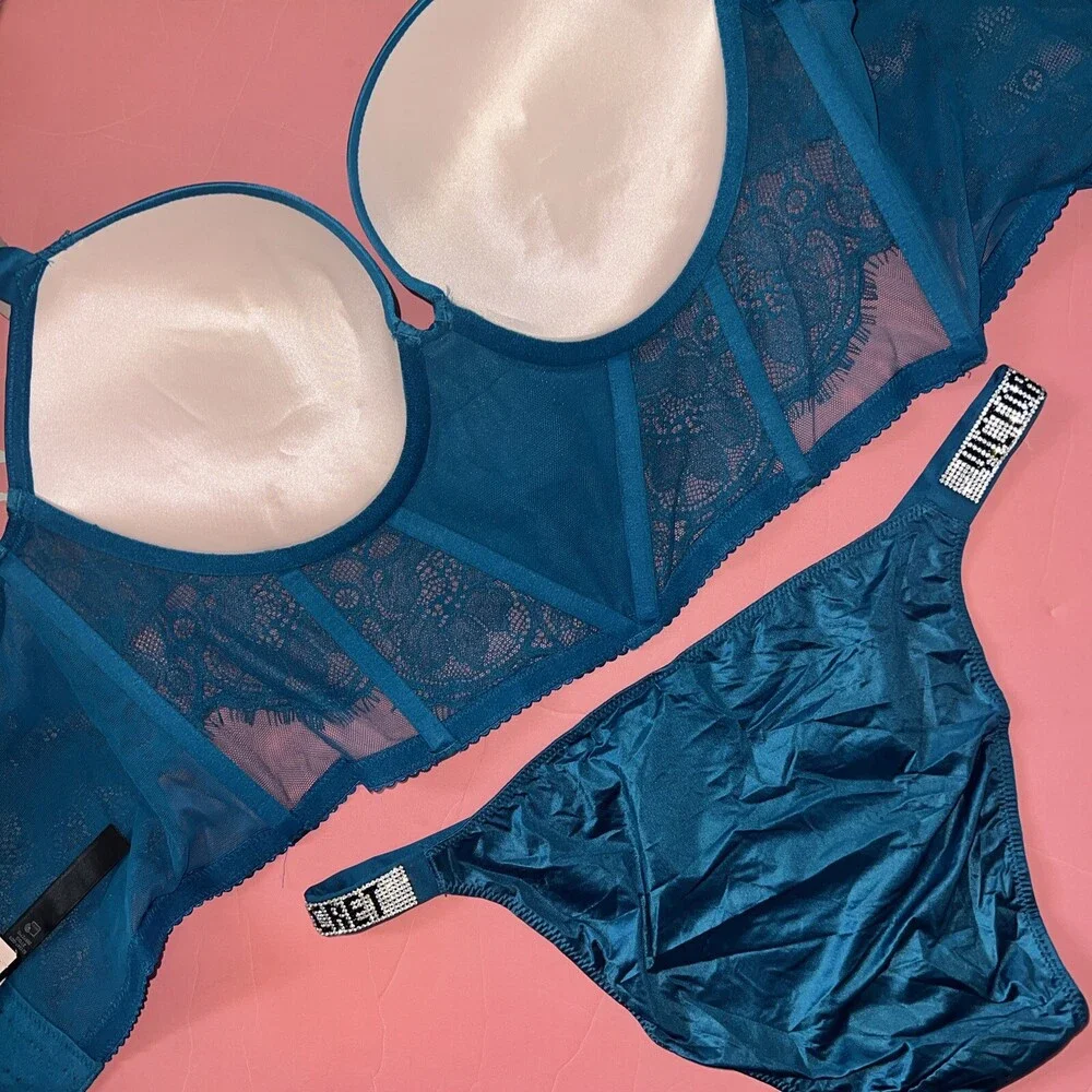 Victoria's Secret 34B,34DD,36C,36D,38DD CORSET TOP BRA SET BLUE TEAL SHINE STRAP